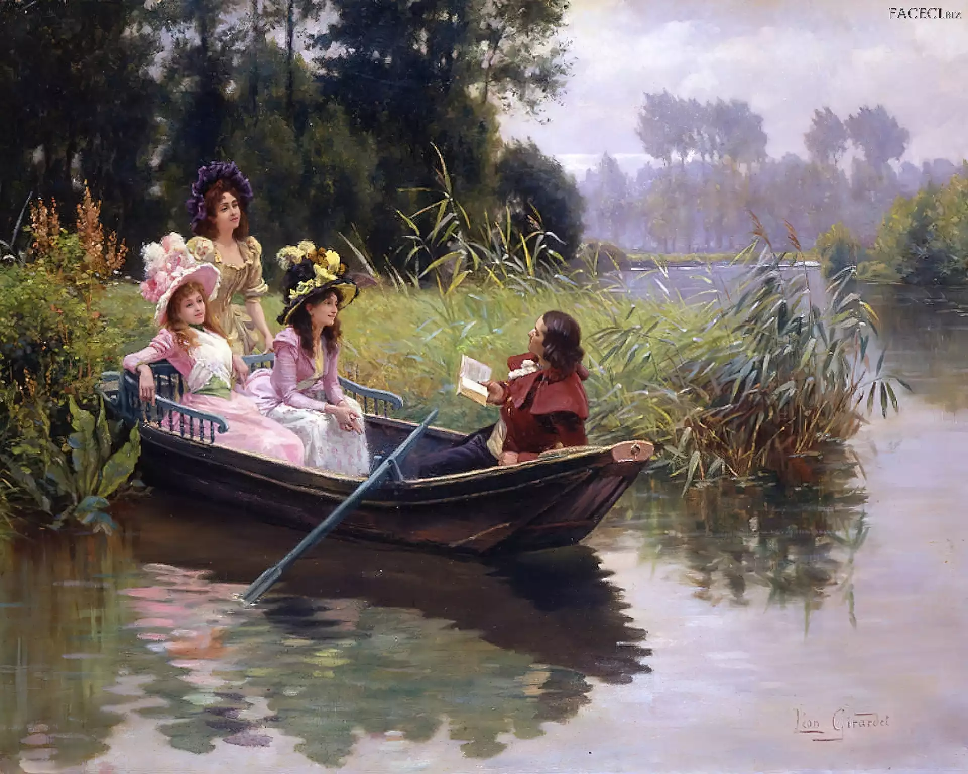 Łódka, Staw, Kobiety, Dwie, Mężczyzna