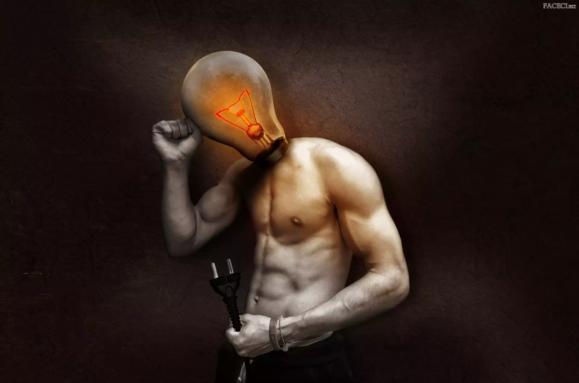 Fotomontaż, Grafika, Żarówka, Mężczyzna, Kabel
