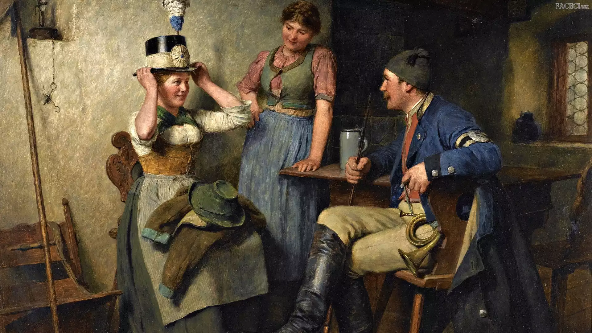 Stół, Dwie, Obraz, Kuchnia, Mężczyzna, Hugo Wilhelm Kauffmann, Malarstwo, Kobiety