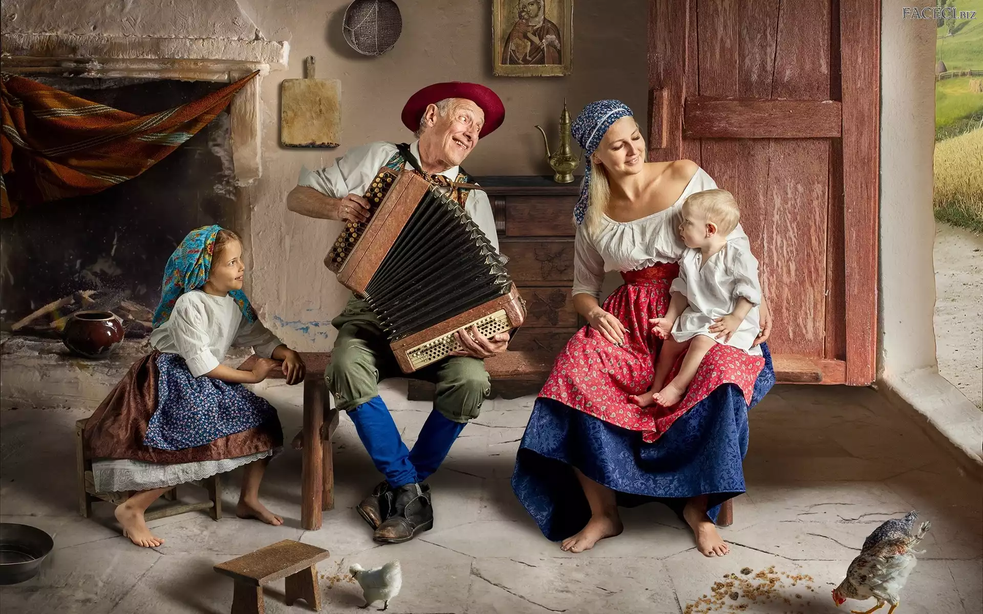 Mama, Rodzina, Akordeon, Izba, Dziadek, Dzieci