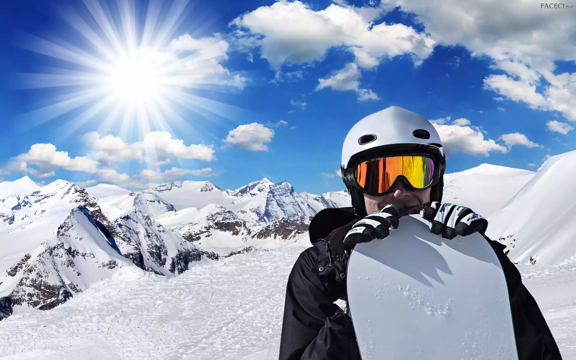 Zima, Snowboarding, Mężczyzna, Promienie słońca, Chmury, Góry, Sport